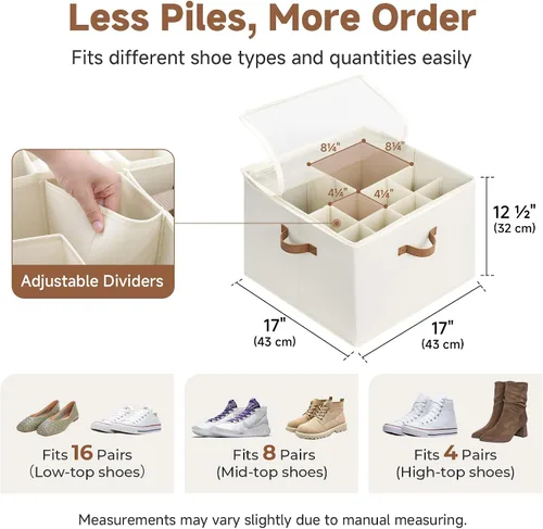 Vista 3 de Organizador de zapatos StorageWorks para clóset, cabe hasta 16 pares, contenedores de almacenamiento para zapatos con divisores ajustables y Beige