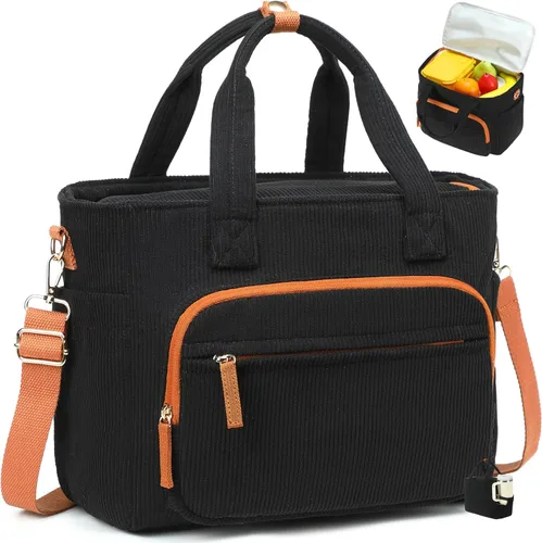 Vista 31 de Bluboon Bolsa de almuerzo para mujer, bonita bolsa de almuerzo de pana con correa para el hombro, reutilizable, aislada, gran capacidad