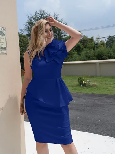 Vista 2 de LAGSHIAN Vestido de cóctel elegante para mujer, sin mangas, cuello alto falso, con volantes, formal, por debajo de la rodilla