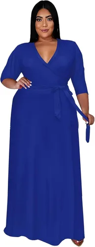 Vista 27 de Runwind Vestidos de Talla Grande para Mujeres Vestido Maxi Floral Suelto Manga 3/4 con Cinturón 01-Negro