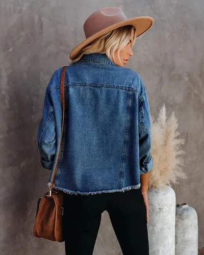 Vista 3 de LAVIQK Chaqueta de mezclilla clásica para mujer, chaqueta de camionero con botones deshilachados y sueltos, #0922-azul oscuro
