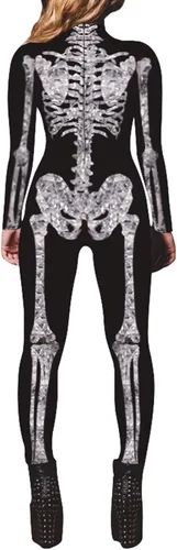 Vista 2 de Fixmatti Disfraz de fiesta de Halloween para mujer, traje de manga larga con estampado de calavera