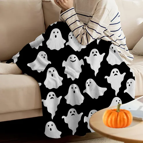 Vista 6 de Jbralid Manta de Halloween divertida con fantasma, lindo y espeluznante de Halloween, manta de franela ligera y acogedora para dormitorio, sala
