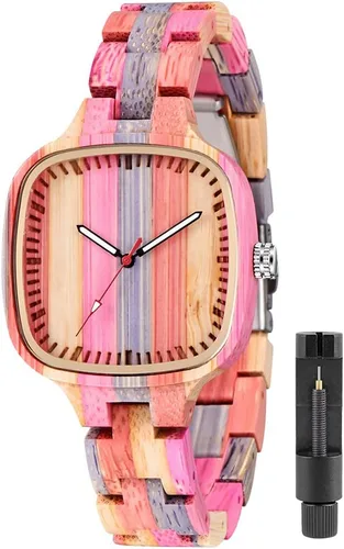 Vista 14 de Tiong Reloj de madera para mujer con correa de madera, diseño clásico analógico, colorido, de bambú, relojes para mujeres, parejas
