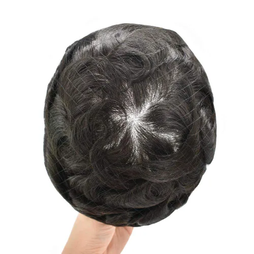 Vista 4 de Peluca de encaje francés superfina para hombres, postizos de encaje con sistemas de poliuretano, piel fina en todo el contorno del cabello humano