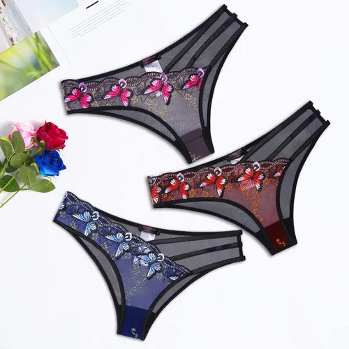 Vista 5 de Avidlove Bragas sexy para mujer, paquete de bragas de malla bordadas con mariposa