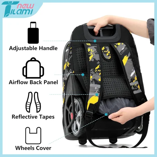 Vista 43 de NEW TILAMI Mochila con ruedas de 19 pulgadas con bolsa de almuerzo para niñas y niños, mochila para laptop con ruedas, bolsa de mano duradera