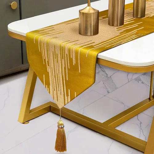 Vista 10 de Caminos de mesa bordados beige de 13 x 72 pulgadas de largo con borlas de lujo, líneas geométricas abstractas modernas para decoración del hogar