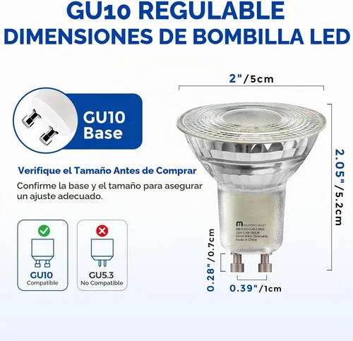 Vista 2 de MASTERY MART - Bombillas LED GU10, equivalentes a 50 W, 5,5 W regulables, cubierta de cristal completa, reflector de luz blanca suave de 2700 K
