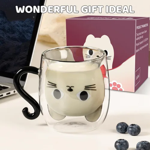 Vista 6 de PARACITY Taza Bonita de Gato, Tazas Bonitas de Cristal de Doble Pared con Asa 8.5 onzas, Regalos para Amantes de los Gatos para Mujeres, Regalos
