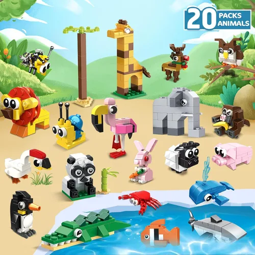 Vista 3 de HOGOKIDS Paquete de 20 recuerdos de fiesta para niños – Juego de bloques de construcción de animales para niños, Pascua, día de San Valentín