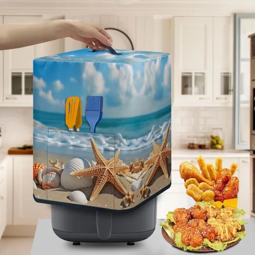 Vista 4 de Cubierta para freidora de aire con diseño de estrella de mar de playa, funda protectora rectangular con bolsillo y asa para olla a presión