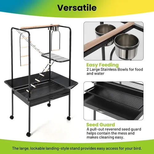 Vista 3 de TrailBlaze Spacious Bird Play Center Stand SY-252, pajarero de loro resistente para interiores y exteriores con ruedas bloqueables, perchas