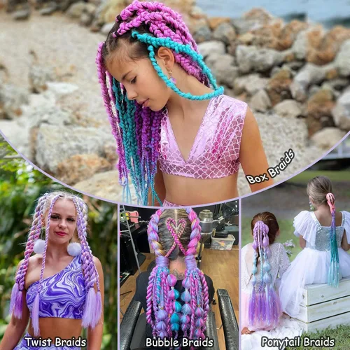 Vista 5 de 3 paquetes de extensiones de cabello sintético para trenzas de 24 pulgadas, color verde azulado, cabello trenzado jumbo para festivales coloridos
