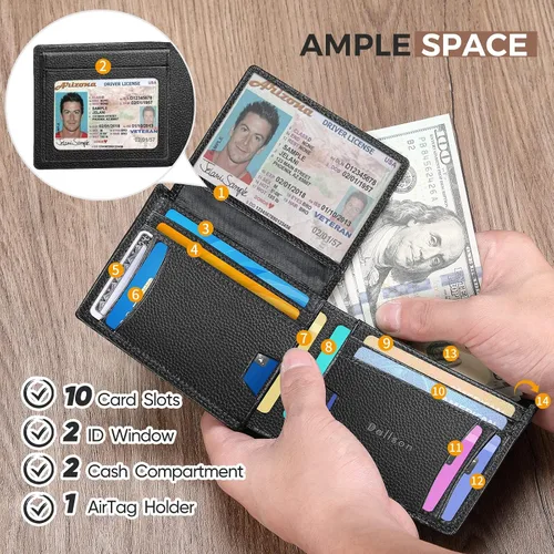 Vista 3 de Dallson Mens Wallet for Airtag Bifold Genuine Leather Wallet with Air Tag Holder 2 ID Window 10 Card Slot RFID Blocking Smart Wallet Compatible with