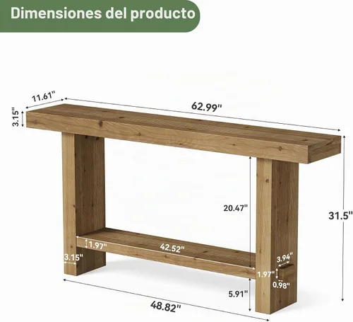 Vista 2 de Mesa consola de madera maciza de 63 pulgadas, mesa de entrada estrecha con estante de almacenamiento de 2 niveles, para pasillo, entrada, sala