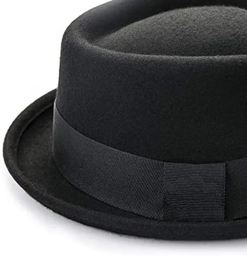 Vista 6 de F FADVES Sombrero de pastel de cerdo 100 fieltro de lana para hombre sombrero de cerdo que rompe malo parte superior plana para hombre Fedora Negro
