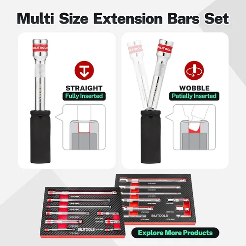 Vista 5 de BILITOOLS Juego de extensión articulada, 9 piezas de 1/4", 3/8" y 1/2" de encastre de trinquete de extensión flexible, acero Cr-V