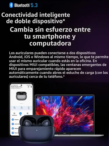 Vista 6 de XIAOMI Redmi Buds 4 Pro TWS - Auriculares inalámbricos Bluetooth 5.3 con cancelación activa de ruido, 3 micrófonos, 36 horas de vida, reducción