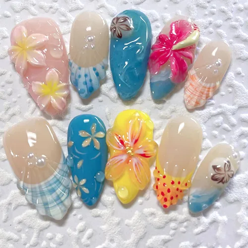 Vista 30 de 24 piezas de uñas postizas de punta francesa a presión, uñas postizas medianas en forma de almendra con diseño de ondas azul oscuro, uñas postizas