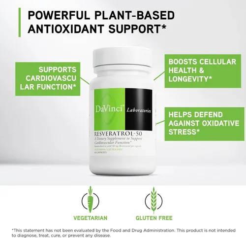 Vista 3 de DAVINCI Labs Resveratrol-50 - Ayuda a apoyar el sistema inmunológico, la salud ósea y la salud cardíaca con resveratrol* - Sin gluten y vegetariano