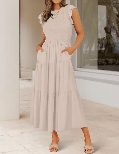 Vista 2 de ZESICA - Vestido por debajo de la rodilla para mujer, diseño informal y escalonado de manga corta, con cuello redondo y cintura elástica fruncida