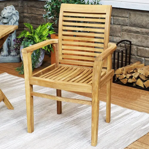 Vista 6 de Sunnydaze Silla de comedor de teca maciza para exteriores, silla de patio con listones de madera duradera con brazos para patio trasero, terraza