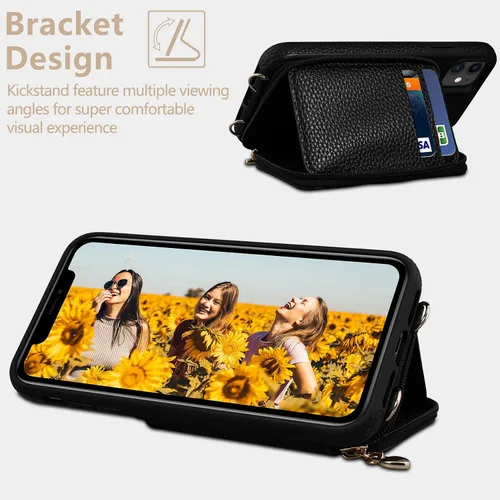 Vista 4 de Funda para iPhone 11 de 6.1 pulgadas, cartera cruzada con cremallera y ranuras para tarjetas de bloqueo RFID, soporte de soporte, cordón desmontable