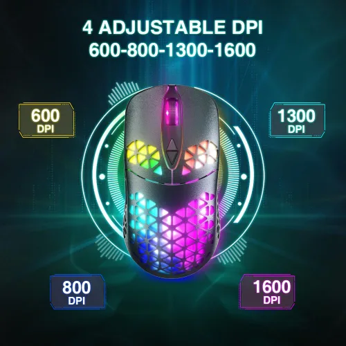 Vista 4 de WolfLawS KM-3 - Mouse inalámbrico para juegos, mouse inalámbrico RGB recargable con 7 botones programados, 4 niveles de DPI, 60 horas de juego