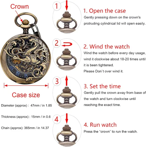 Vista 5 de Carrie Hughes Men Mechanical Pocket Watch with Chain Lucky Dragon Steampunk Skeleton Hunter Double Open in Box CHPW10