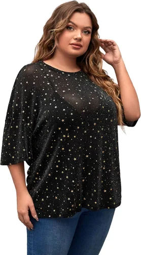 Vista 4 de MakeMeChic Camiseta de manga corta de malla transparente con purpurina para mujer, talla grande