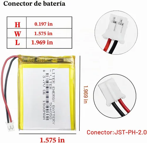 Vista 2 de Liter 3.7V 1500mAh 504050 Lipo Batería recargable de iones de polímero de litio con conector JST 0.079 in
