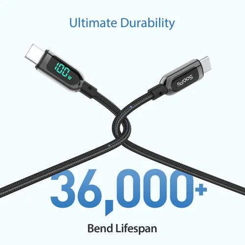 Vista 5 de SOOPII cable USB C de 100 W 0,30 mt, cable USB C a USB C de carga rápida, cable trenzado de nailon con pantalla LED para lPhone 16/15 Pro/15 Plus/15