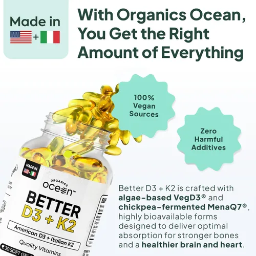 Vista 3 de Organics Ocean Better D3 + K2-100% Suplementos Orgánicos de VIT D3 y K2 con Máxima Biodisponibilidad – Apoya la Densidad Ósea, Equilibrio de Calcio