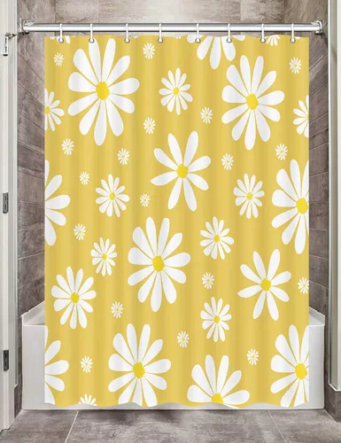 Vista 15 de Cortina de ducha con diseño floral de margaritas azules para caravana, remolque, baño, lindo juego de cortinas de ducha de tela estrecha y corta