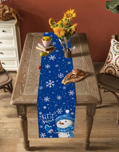Vista 28 de Camino de mesa de muñeco de nieve de Navidad negro – Lino de algodón de 36 pulgadas de largo, bufandas de vestido de Navidad con copo de nieve