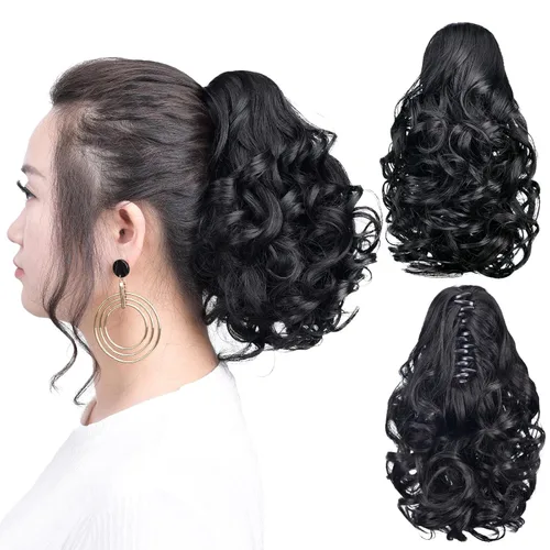Vista 43 de Cola de caballo con clip, color castaño rojizo, ondulado de 10 pulgadas, extensión de cola de caballo de 3.3 onzas, extensiones de cabello sintético