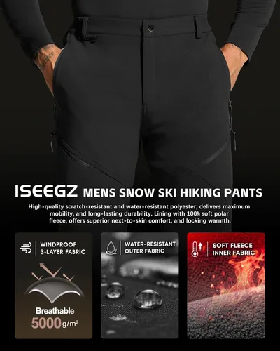 Vista 4 de ISEEGZ Pantalones de senderismo para hombre, para nieve, esquí, senderismo, invierno, forro polar, impermeable, aislante, cremallera, pierna inferior