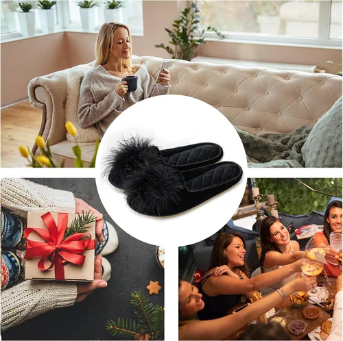 Vista 6 de GRITHEIM Pantuflas de terciopelo con pompones peludas para mujer, pantuflas de casa sexys y acogedoras para mujer, suela antideslizante
