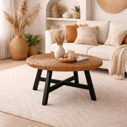 Vista 4 de RANDEFURN Mesa de centro redonda, mesa de cóctel de madera de pino maciza con marco en X y marco de X, fácil de montar, varios tamaños para sala