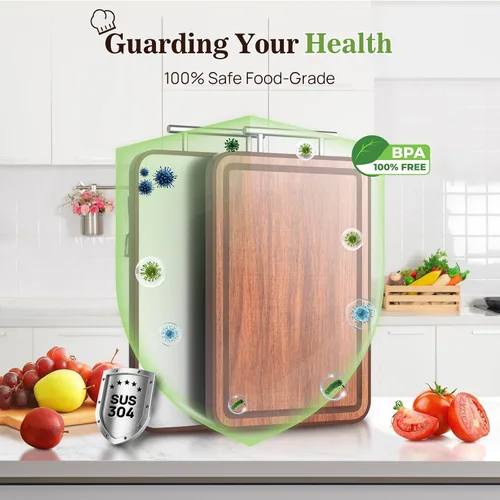 Vista 5 de Tabla de Cortar de Acero Inoxidable para Cocina con Borde (Madera y Metal, 16.3"x11"), Tablas de Cortar de Madera de Ébano No Plástica de Doble