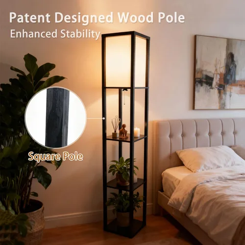 Vista 6 de Lámpara de pie con estantes, moderna lámpara de estante cuadrada con pantalla blanca, lámpara de pie de esquina para sala de estar, dormitorio