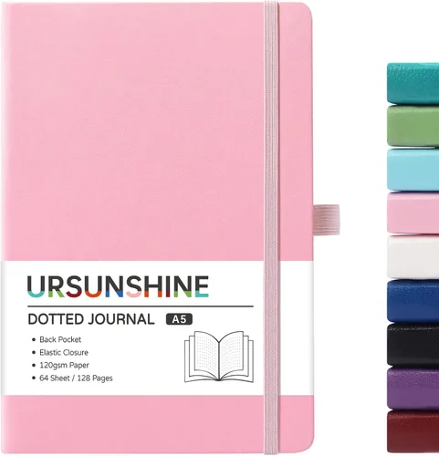 Vista 53 de Cuaderno punteado, diario, 5.3 x 8.26 pulgadas, tapa dura, prémium, papel grueso, doble espiral, bandas, cuero negro sintético, lazo para bolígrafo