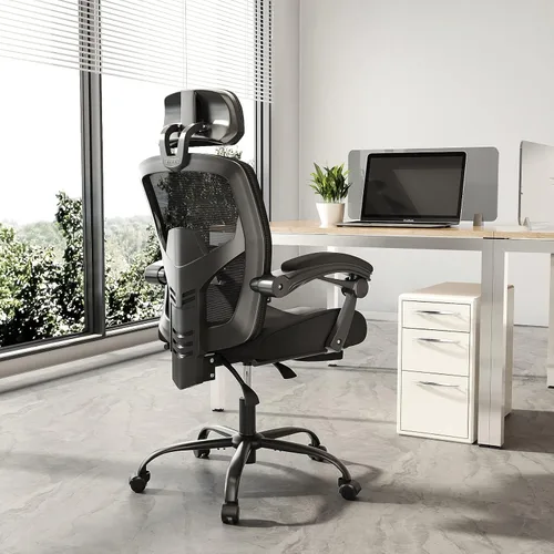 Vista 9 de Silla ergonómica de oficina, silla de escritorio de malla con respaldo alto para computadora con soporte lumbar y ruedas, silla giratoria ajustable