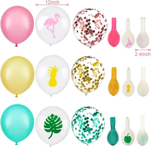Vista 3 de SATINIOR 45 globos tropicales Luau de 12 pulgadas, fiesta hawaiana, flamenco, piña, hojas tropicales, confeti, decoraciones para verano, playa