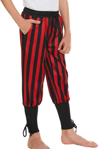 Vista 3 de WISHU Pantalones piratas medievales con bandas de tobillo para niños, disfraz de pirata vikingo renacentista, pantalones de rayas para Halloween
