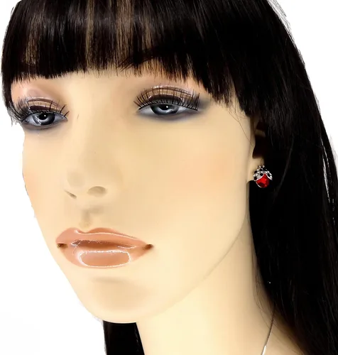 Vista 4 de Hermoso collar y aretes con colgante de mariquita en tono plateado, cadena de 19 pulgadas, joyería de moda en caja de regalo, Diamante de imitación