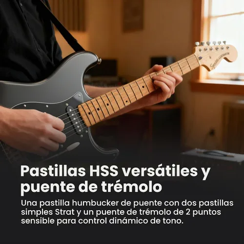 Vista 3 de Fender Squier Affinity Stratocaster HSS - Paquete Charcoal Frost Metallic con amplificador Frontman 10G, cable, funda, correa, púas, lecciones