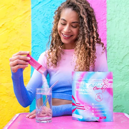 Vista 2 de HydroMATE Polvo de Electrolitos Sin Azúcar Sabor Algodón de Azúcar - 16 Sobres de Hidratación Instantánea con Vitamina C para Aumentar la Energía