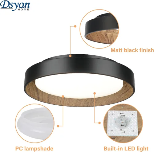 Vista 3 de Lámpara de techo empotrada con acento de madera, LED de 13 pulgadas, color negro, con veta de madera, 24 W, regulable 5CCT lámpara de techo